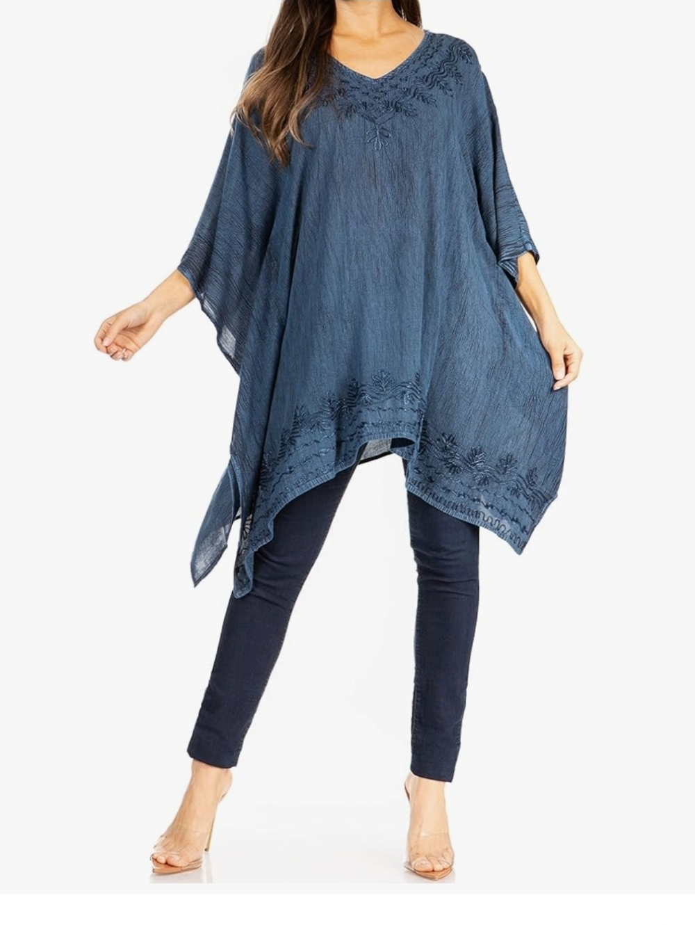 Sakkas Wren Lightweight Circle Poncho Top Blouse with Detailed Embroidery
